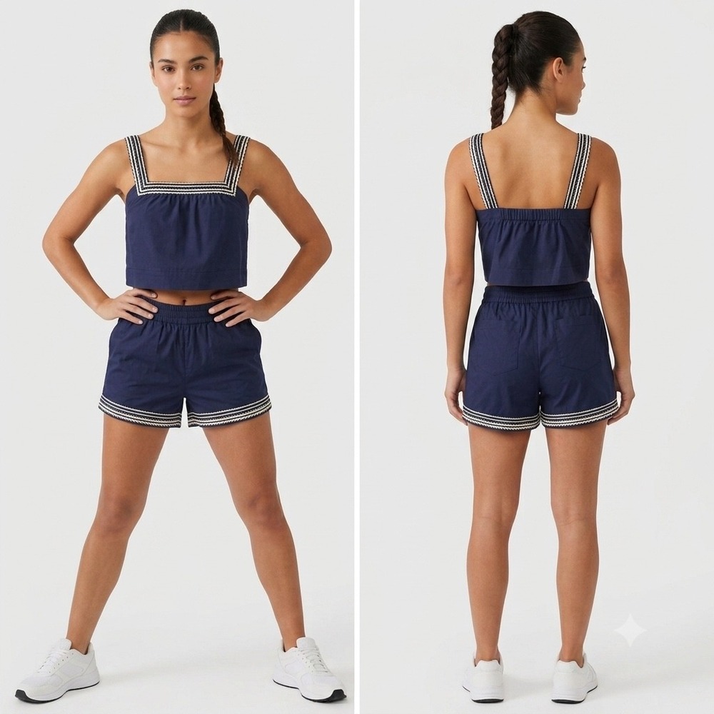 New Caroline Constas Navy Blue Ric-Rac Trim Crop Top and Shorts Set Womens XS